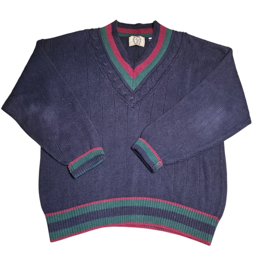 VTG Sears Roebuck & Co. Navy Cricket Sweater V-Neck Cable Knit Oversized